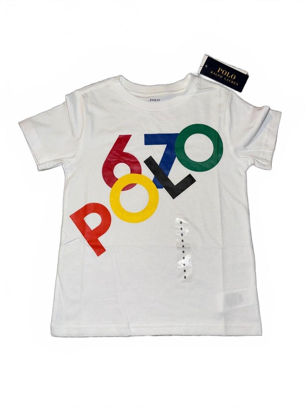 Polo Ralph Lauren White Graphic T-Shirt with Colorful '670 POLO' Print - Size S